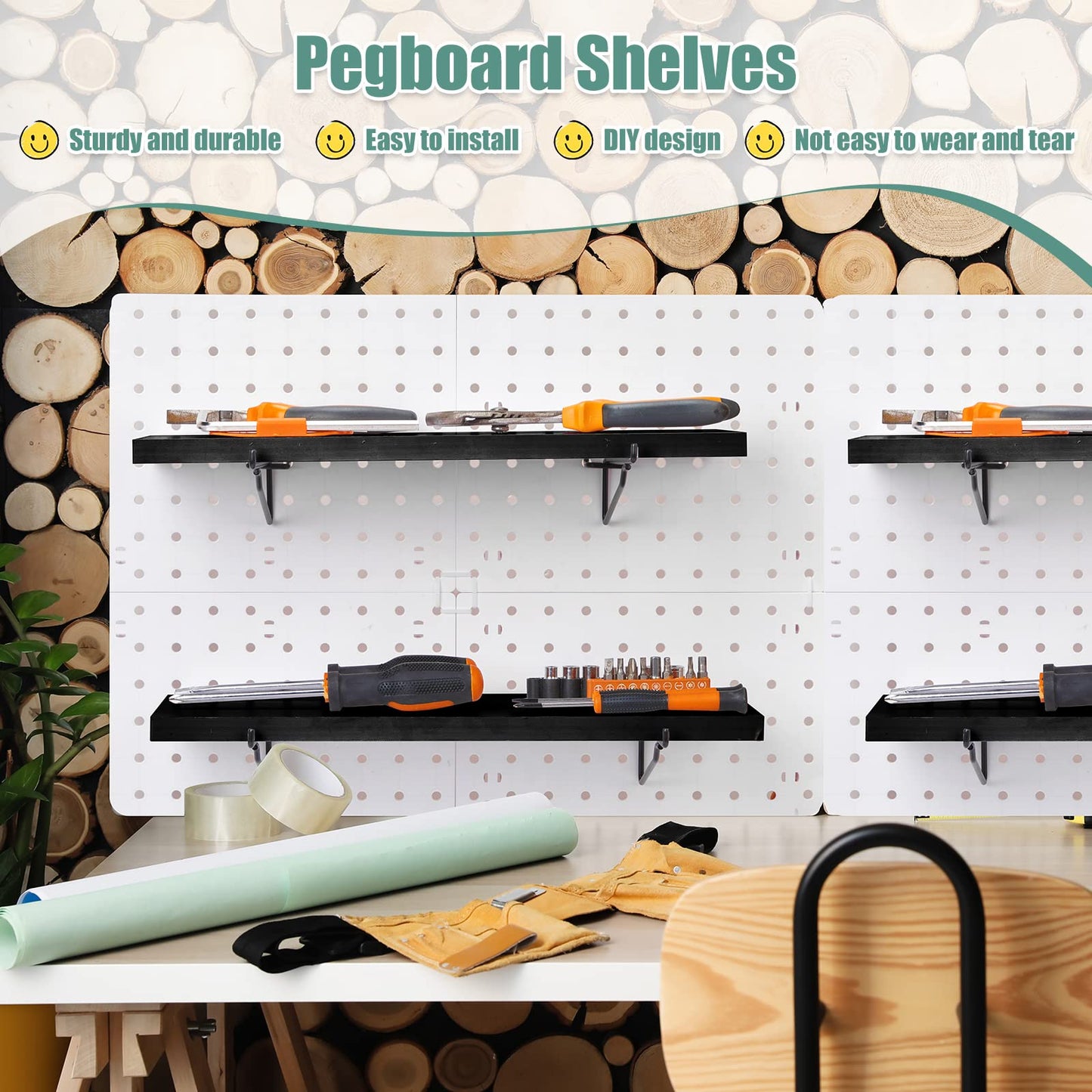 Qunclay 8 Pack Pegboard Shelf Set Wooden Shelves with Metal Brackets Hook Wall Pegboard Shelving Heavy Duty Accessories for Crafts Home Office Garage Workbench(Black)