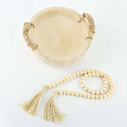 Paulownia Wood Bowl Rustic Wooden Dough Decorative Round Serving Key Bowl with Rope Handle and Wood Bead Garland for Christmas Tabletop Centerpiece Home Decor 9.5 inches