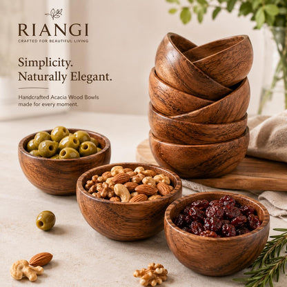 RIANGI Wooden Bowls Set Of 6 Small Acacia Wood Bowl Dessert And Snack Cups 4.2 X 2 Inch 8 Oz Capacity Rustic Mini Wooden Bowl For Dips Condiments Ice Cream Nuts
