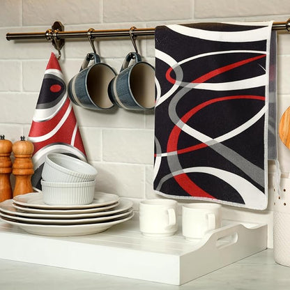 Boyiee Set of 6 Red Black Grey White Kitchen Towels Modern Geometric Dish Hand