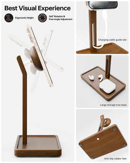 YEOUX Premium Magnetic Phone Holder for Desk | Solid Walnut Wood | 360° Free Adjustable | MagSafe Compatible, for iPhone 17 16 15 14, Stylish Desk Accessory
