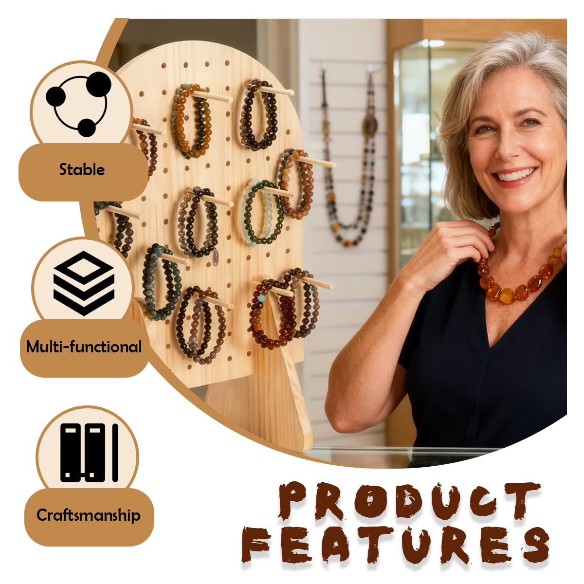 SMUVSMU 2 Pcs Wooden Pegboard Display Stand for Jewelry Keychains 25 Dowel Rods Accessories Rack, Earrings Organizer with Oval Pegboard Design for Craft Shows,Boutique Retail,Vendor Displays