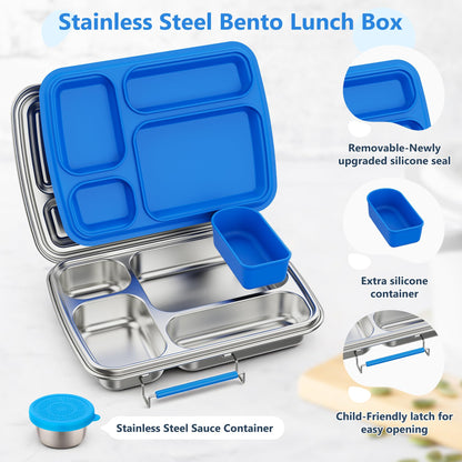 Zeekala Stainless Steel Bento Lunch Box for Kids & Adults, 4 Compartment Kids Lunch Box, Metal Bento Box with Silicone Container and Stainless Steel Sauce Container,BPA-Free,School,Office(Blue)