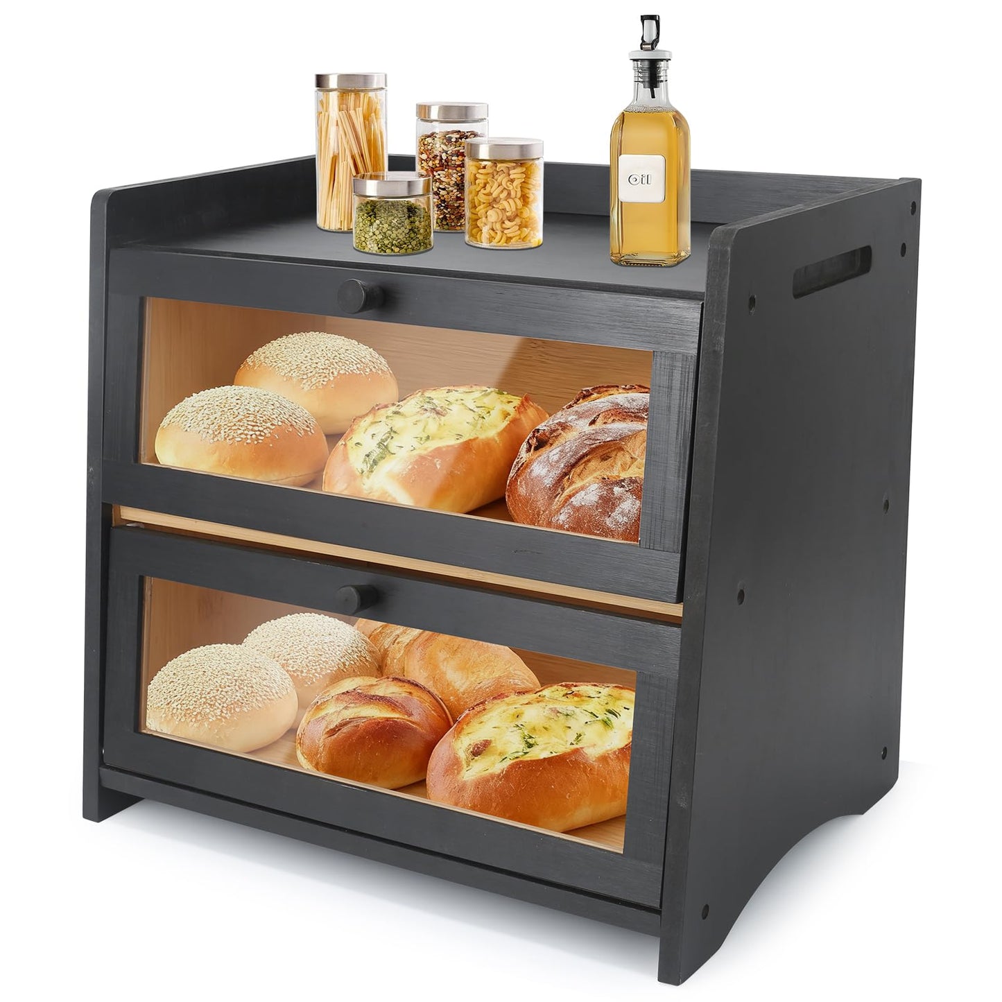 RisUni Double Layer Bamboo Bread Box for Countertop - Large Black Kitchen Storage (15.7x11.2x14.4 Inch) with Clear Window & Breathable Magnetic Closure