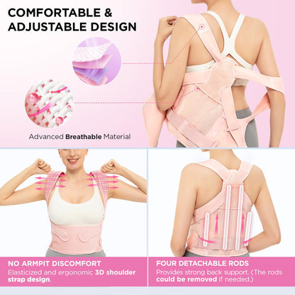 Vicorrect Posture Corrector for Women and Men: Back Support Brace Upper Back Shoulders Pain Relif (Pink, Large)