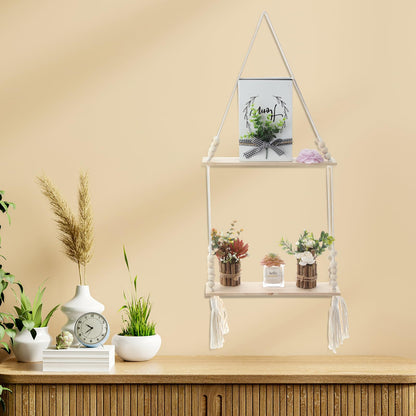 Chunful 2 Pack Macrame Wall Hanging Shelf 2-Tier Boho Wooden Display Floating Shelf Wooden Rustic Plant Rope Hanger Rack with Beads and Tassel for Wall Decor Bedroom Dorm Nursery Living Room Bathroom