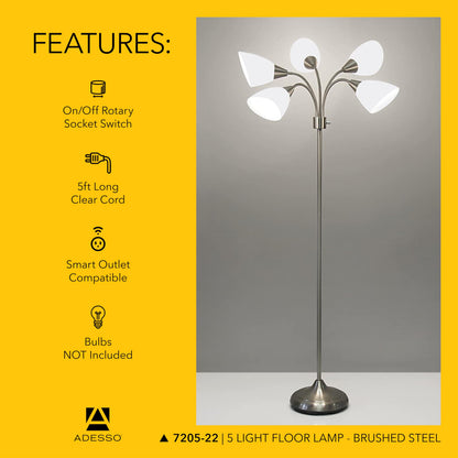 Adesso Floor Lamp with 5 Movable Shades & Adjustable Brightness – Perfect Lighting for Bedroom Decor, Beauty & Art Studio, Silver