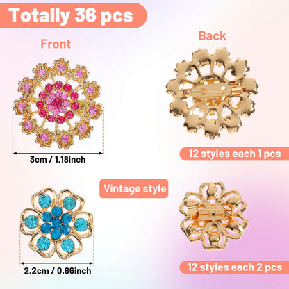 36pc Mixed Color Rhinestone Crystal Flower Brooches Pins Mixed Color Costume Jewelry Retro for Wedding Party Bouquet Crafts Kit Gifts