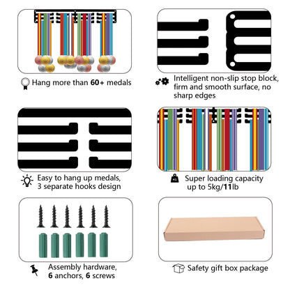 CREATCABIN Body Building Medal Holder Bodybuilding Medal Hanger Display Sports Ribbons Organizer Metal Black Rack Frame Shelf Wall Hanging Over 60+ Medals for Player Athlete Medalists 15.7 x 5.9 Inch