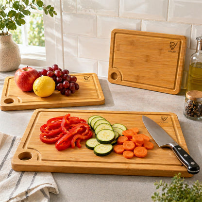 VNAM Bamboo Cutting Board Set of 3 for Kitchen, Wooden Chopping Boards with Juice Groove & Easy-Grip Handle, 9x6 12x8 15x10 Inch