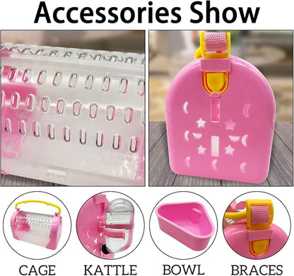 kathson Hamster Cage Travel Carrier Portable Cage with Water Bottle Outgoing Cage and Adjustable Strap Pet Cage for Small Pet Hedgehog Sugar Glider Squirrel Mice（Pink）