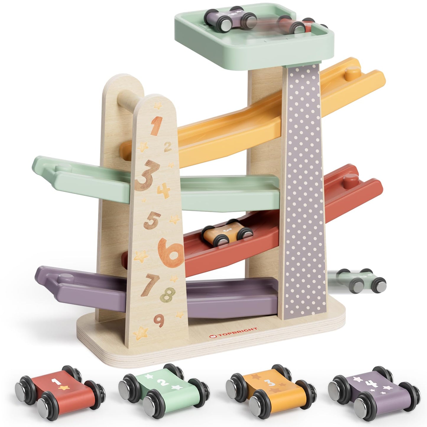 TOPBRIGHT Baby Toys for 1 Year Old Boy Gifts, Wooden Car Ramp Race Track Set, Car Toys for Toddlers with 4 Cars and a Garage, Montessori Toys for 1 Year Old Boy Girl, Birthday Gift for Age 12+ Month