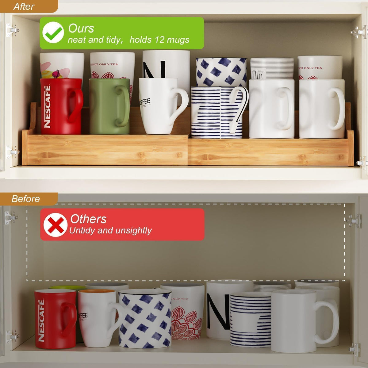 Hongtamoya 2-Tier Expandable Bamboo Coffee Mug Holder, Mug Organizer for Kitchen Cabinets, Mug Cup Rack, Multi-Functional Cup Holder Shelf, Coffee Bar Organizer, Home