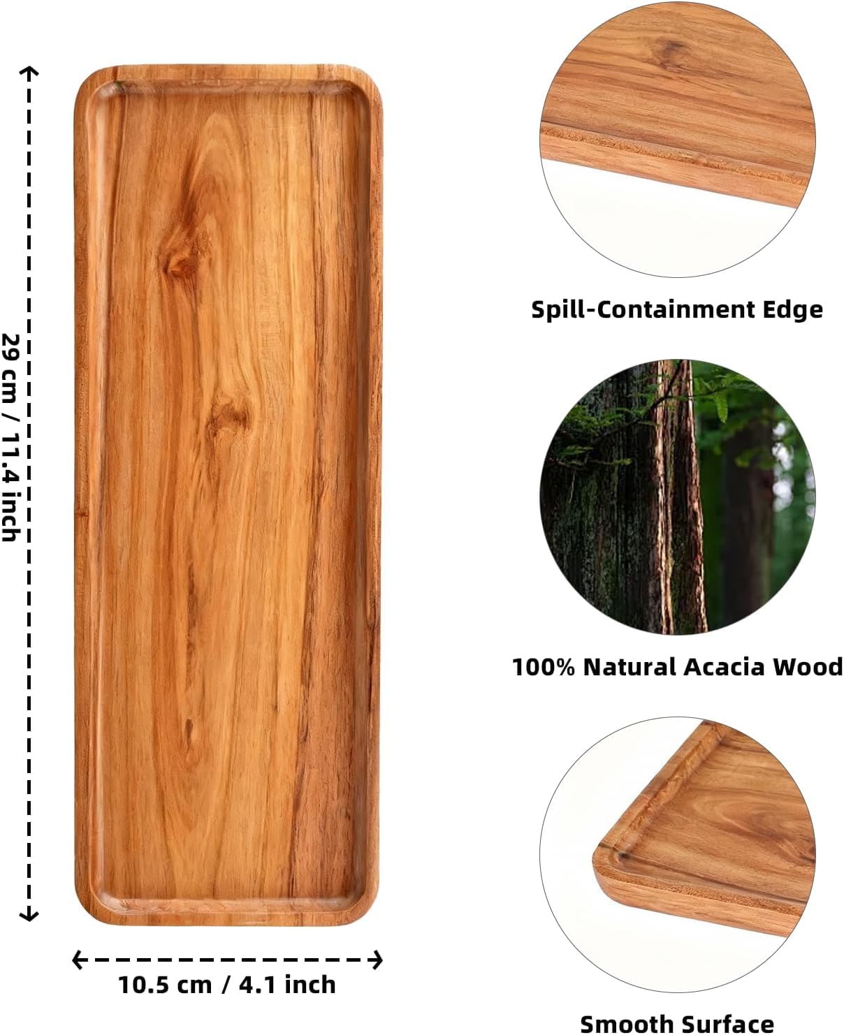 Handcrafted Acacia Wood Serving Tray 4 Pack– Multi-Functional Decorative & Candle Tray, Smooth Polished Surface with Raised Edges，Cheese Board for Food，Kitchen Organization,or Gift-11.4*4.1*0.59 in