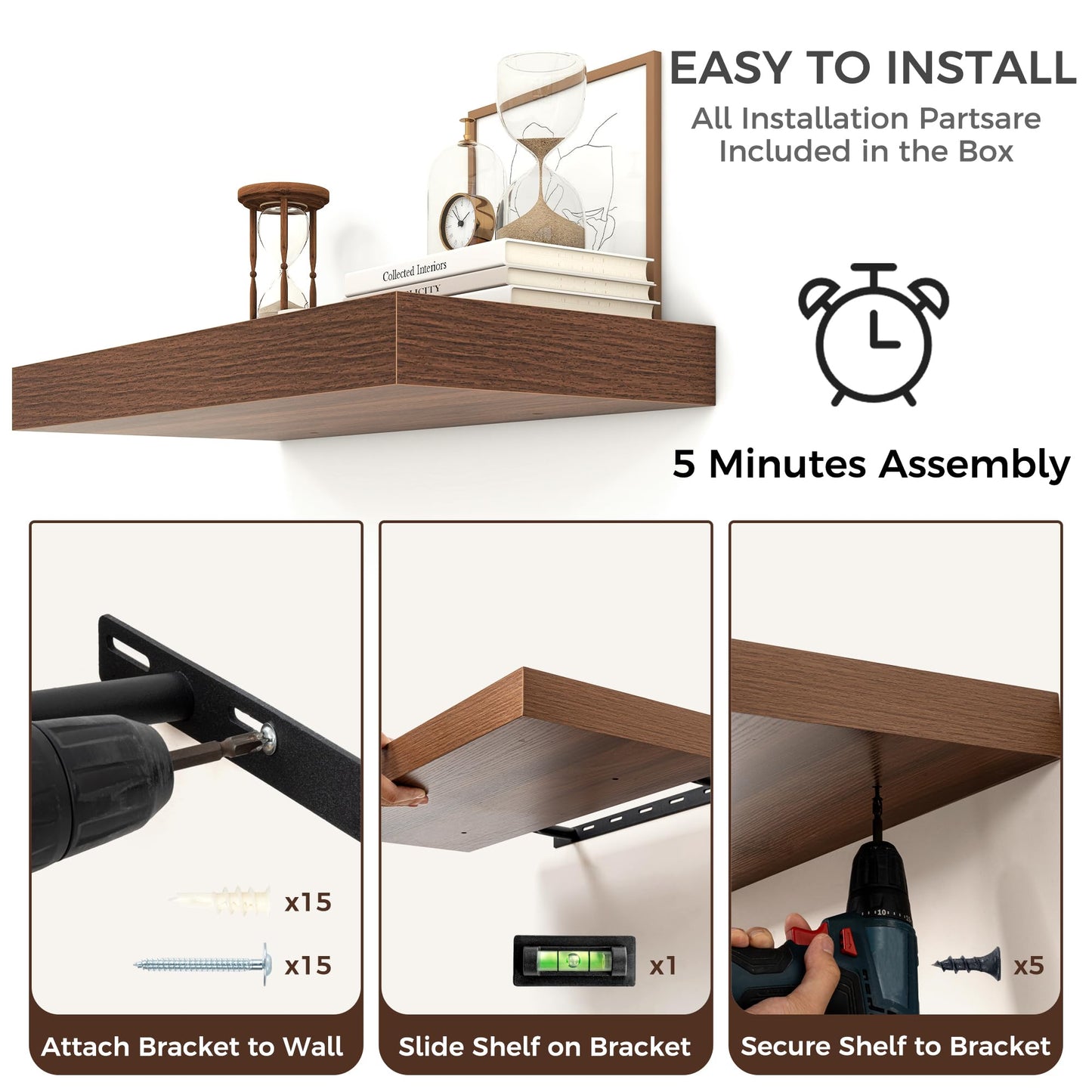 Venusmiles Floating Shelves for Wall, 20 Inch Floating Shelves Set of 2, 6.5" D Wooden Wall Mounted Display Shelves with Invisible Brackets for Living Room, Bedroom, Bathroom, Kitchen Decor, Walnut