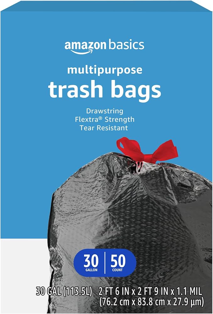 Amazon Basics Flextra Multipurpose Drawstring Trash Bags, 30 Gallon, Tear
