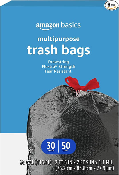 Amazon Basics Flextra Multipurpose Drawstring Trash Bags, 30 Gallon
