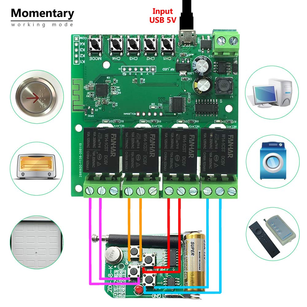 Newgoal 4-Channel WiFi Smart Switch Relay Module, TUYA/Smart Life App for Smart Home Remote Control, Momentary Time Adjustable, Compatible with Alexa/Google Assistant