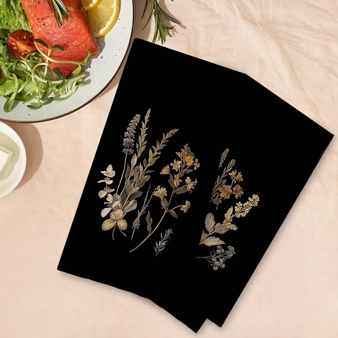 Boho Vintage Botanical Kitchen Towels Set of 2, Rustic Elegant Floral Dish Tea