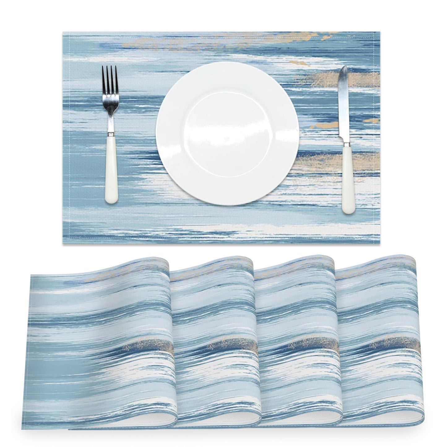 AOFOTO Abstract Placemats Set of 4 for Dining Table Blue Boho Ombre Grunge Rustic Wooden Place Mats Washable Rectangular Art Painted Table Mats for Home Kitchen Restaurant Decor 12x18 Inch