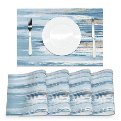AOFOTO Abstract Placemats Set of 4 for Dining Table Blue Boho Ombre Grunge Rustic Wooden Place Mats Washable Rectangular Art Painted Table Mats for Home Kitchen Restaurant Decor 12x18 Inch