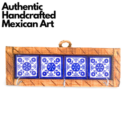 Casa Fiesta Designs Mexican Talavera Key Holder – Handcrafted Wooden & Ceramic Wall Organizer with 3 Metal Hooks – Blue & White Tile Design – Rustic Home Décor - Portallaves 4 Azulejos Azules