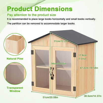 Little Library Box Outdoor Wooden Outside Library Book Box Literature Exchange Boxes Book Storage for Diy, Neighborhoods Community and Schools Sharing Literature and Newspapers (Wood Double doors)