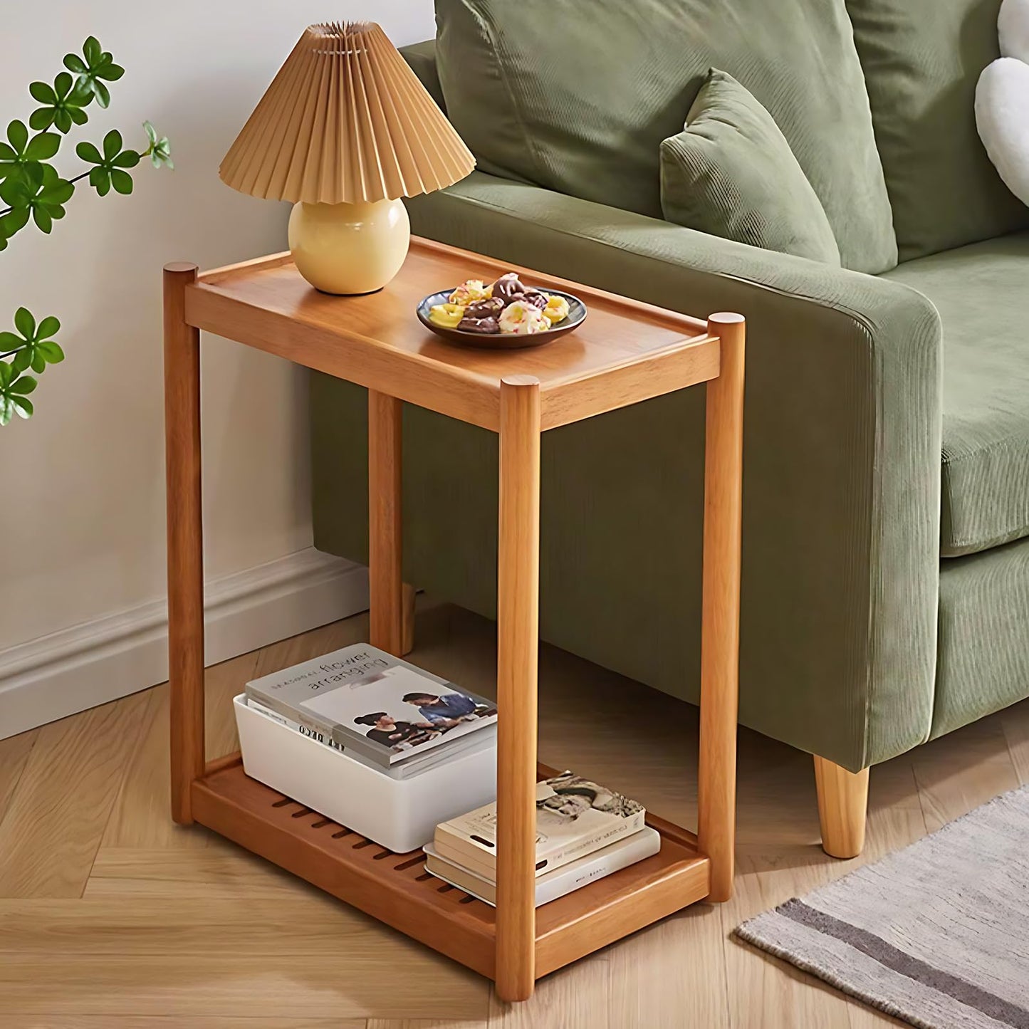 Cttasty Side Table, Solid Wood Narrow End Table with Storage Shelf and Wheels, 2-Tier Sofa Table for Living Room, Rubber Wood Indoor Plant Stand, 26.8 H x 11.8 W x 19.7 D Inches (Natural)