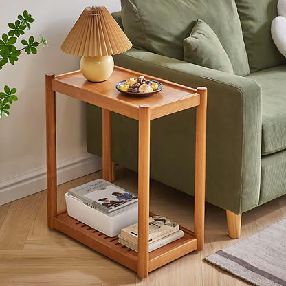 Cttasty Side Table, Solid Wood Narrow End Table with Storage Shelf and Wheels, 2-Tier Sofa Table for Living Room, Rubber Wood Indoor Plant Stand, 26.8 H x 11.8 W x 19.7 D Inches (Natural)