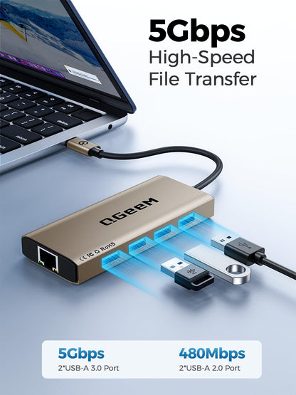 QGeeM USB C Hub Ethernet,9 in 1 USB Type C Hub HDMI Multi-Port Converter Adapter,100W Pd, USB 3.0,SD/TF Card Reader,Compatible for MacBook Pro Air Ipad HP Dell Lenovo Chromebook etc.