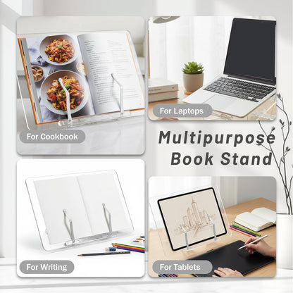 Oqqlin Adjustable Acrylic Book Stand, 13.3 x 9.4 Inch Adjustable Multi-Angle Book Display Stand Transparent Foldable Books Holder with Page Clip for Books, Magazines, Cookbook, Document, Recipe