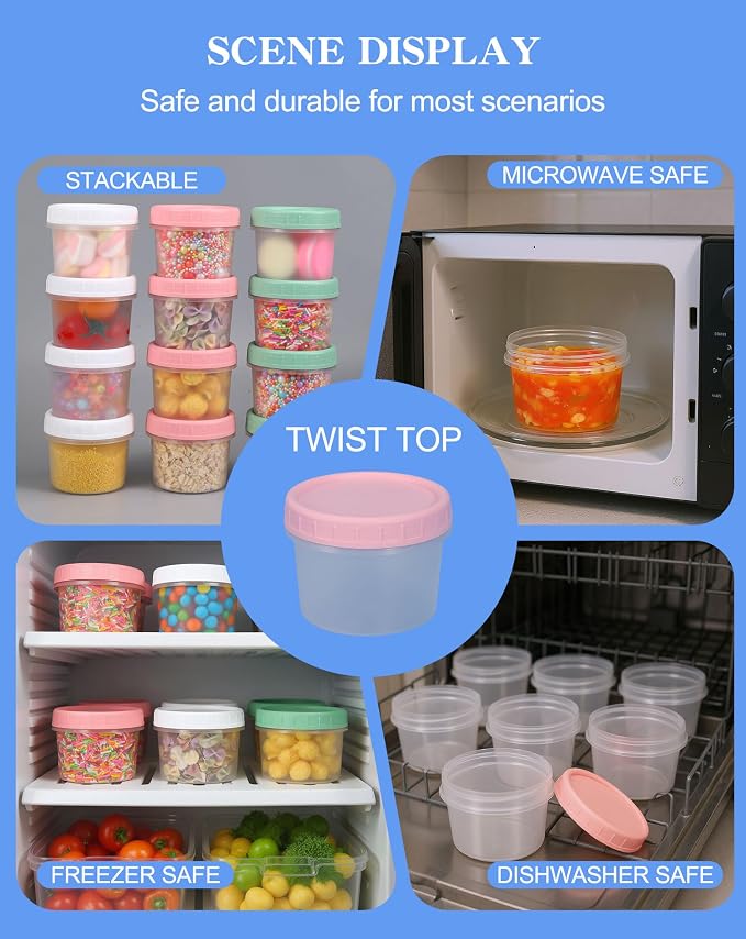 Food Storage Containers 12 Pack 5.4 oz Freezer Storage Containers with Twist Top Lids, Leakproof, BPA Free, Microwave & Dishwasher Safe Takeout Container - Ideal for Soup and More