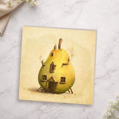 Whimsical Pear House Wooden Block Sign, Fantasy Art Wood Decor, Storybook Style Shelf Sitter, Home Table Mantel Tiered Tray Accent Gift for Living Room Office