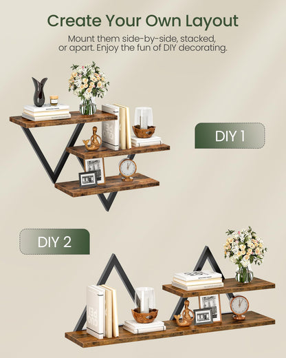 CHOEZON Floating Shelves for Wall, Wall Mounted Shelf Set of 2, DIY Hanging Shelf for Wall Decor, for Living Room Bedroom Bathroom Kitchen, Rustic Brown TBJ11BF