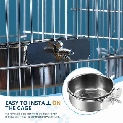 2Pcs Stainless Steel Bird Feeding Bowls, Small Bird Feeding Cup, Stainless Steel Parrot Food Bowl Cage with Holder, Parrot Cage Water Feeder, Pet Cage Cup Holder (Dia 7.09", 4.72",)