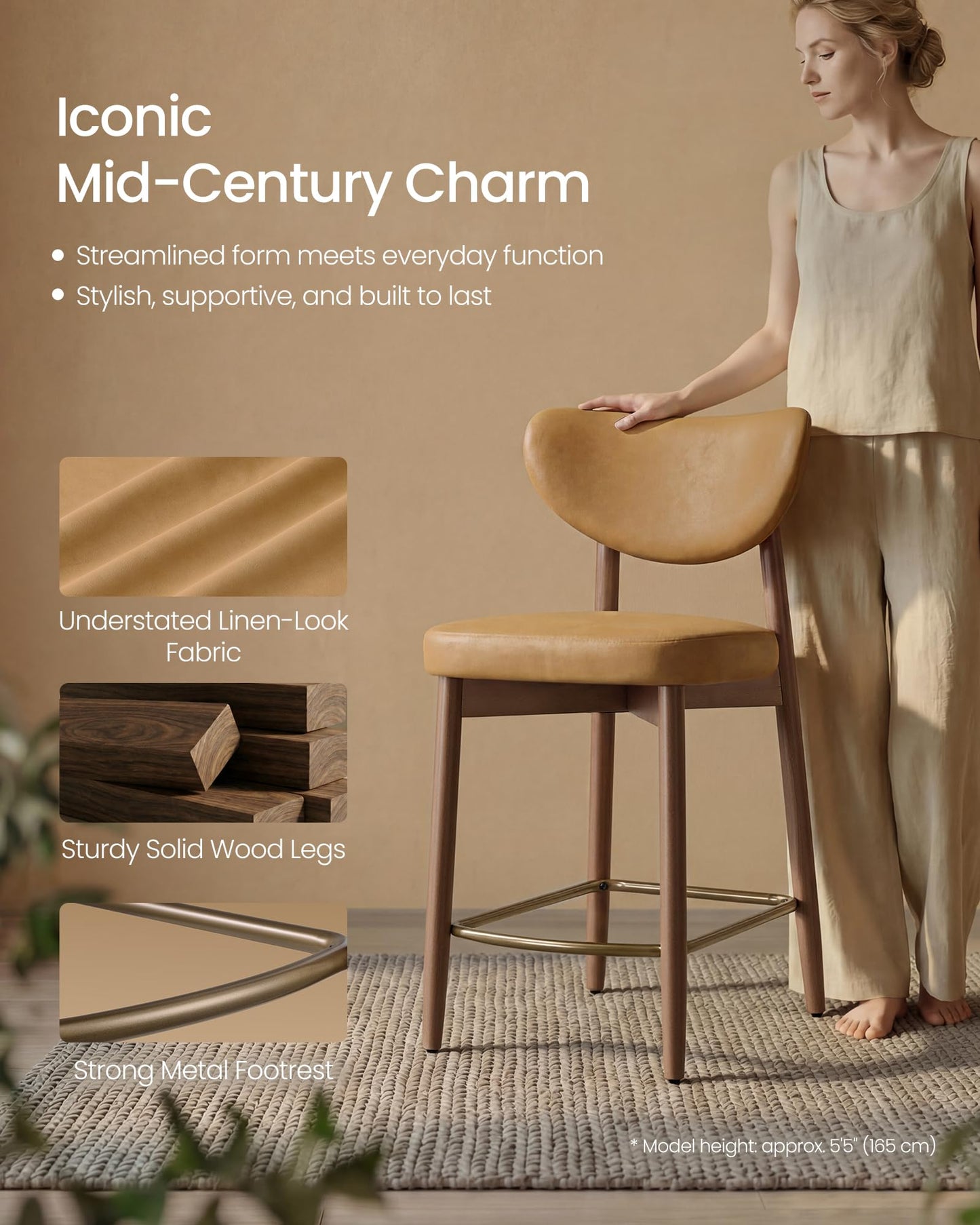 VASAGLE Wooden Bar Stools Set of 2, Upholstered Counter Height Barstools with Solid Wood Legs, Ergonomic Backrest, Mid Century Modern, for Kitchen Island, Synthetic Leather, Caramel Brown