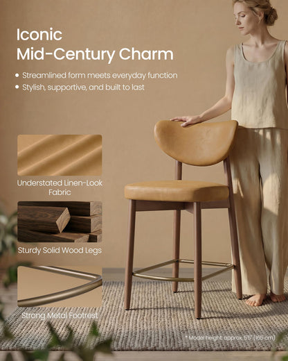 VASAGLE Wooden Bar Stools Set of 2, Upholstered Counter Height Barstools with Solid Wood Legs, Ergonomic Backrest, Mid Century Modern, for Kitchen Island, Synthetic Leather, Caramel Brown