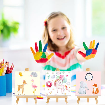 Mimorou 32 Pack Mini Canvas with Easel Sets for Painting Small Art Stretched Canvas Panels Pack with Sturdy Wood Display Easel for Kids Classroom Crafts End of The Year Gifts (3 x 3 Inch)