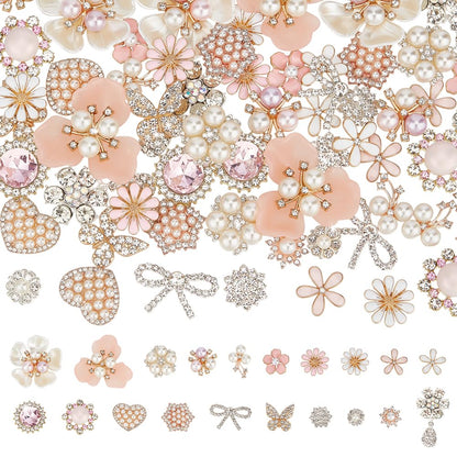 PH PandaHall 20 Styles Rhinestone Cabochon 60PCS Faux Pearl Embellishments Flat Back Butterfly Heart Bowknot Cabochon Flower Enamel Brooch for Jewelry Making Clothes Bags Hair Accessory Wedding