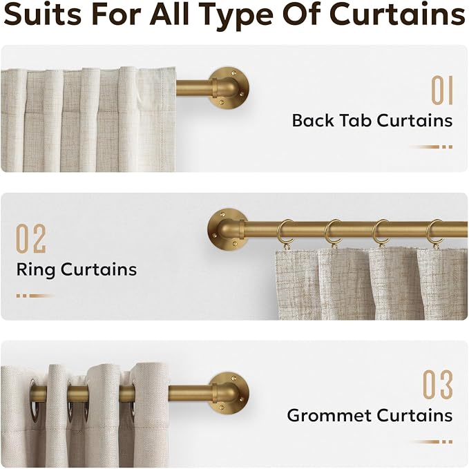 Zeerobee Curtain Rods for Windows 32 to 48, 1 Inch Industrial Wrap Around Warm Gold Curtain Rod, Indoor/Outdoor Room Divider Adjustable Drapery Pole, 32"-48"