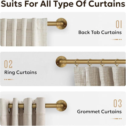Zeerobee Curtain Rods for Windows 72 to 144, 1 Inch Industrial Wrap Around Warm Gold Curtain Rod, Indoor/Outdoor Room Divider Adjustable Drapery Pole, 72"-144"