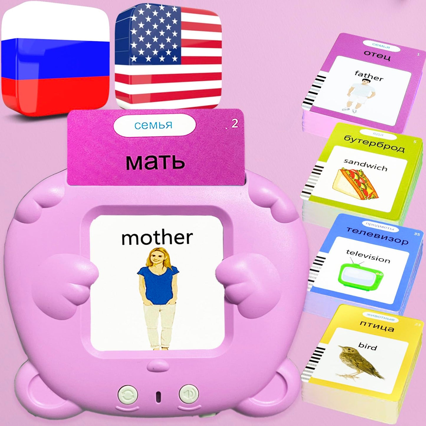 MoLingvora Bilingual Talking Flash Cards for Kids - Russian English Flashcards Children Adults, 510 Sight Words, ABC Alphabet, Pocket Speech for Toddlers, Audible Sensory Toys (Russian, Pink)