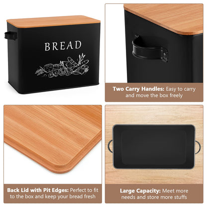 P&P CHEF Bread Box for Kitchen Counter, Metal Bread Storage Bin with Wooden Cutting Lid, Large Capacity for Holding 2+ Loaves, Retro Modern Style, Size 13” x 7.2” x 9.7”, Black