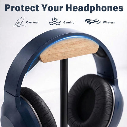MTKITDER Wood & Metal Headphone Stand, Desktop Headset Holder with Stable Non-Slip Bamboo Base, Universal Headphone Hanger for Gaming Headsets, Office Desk, Home, Gift
