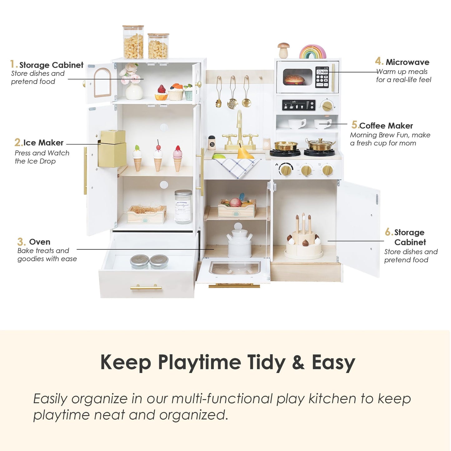 Leeshyah Wooden Kids Play Kitchen, Pretend Cooking Toy Set with Stove, Sink, Coffee Maker & 11 Accessories, Montessori-Inspired Kitchen Playset for Toddlers Ages 3+