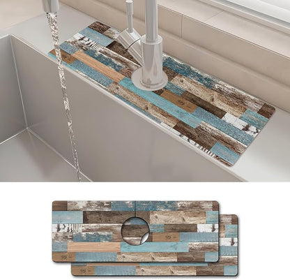 2PCS 15" X 5.5" Kitchen Sink Splash Guard Faucet Mat Wood Grain Super Absorbent