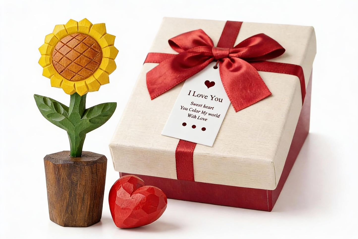 WOODEN ISLANDS Hand-Carved Wooden Flower with Red Heart - Handcrafted Everlasting Wood Sculpture - 5th Anniversary, Valentine's Day, Birthday Gift for Her - Gift Box Included (Yellow Sunflower)