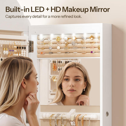HOOBRO Jewelry Box for Women and Wide Jewelry Cabinet, Jewelry Organizer Box, LED Jewelry Organizer Wall/Door Mounted, 6-Tier Wooden Jewelry Box, Hanging Jewelry Cabinet Mirror, BH12JB04-WT03JC04