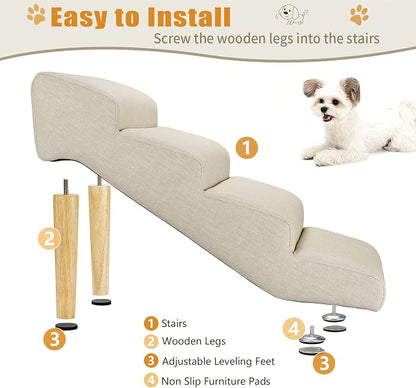 Senneny Imitation Linen Faux Leather Dog Stairs, for Pets up to 150 lbs, Waterproof, Scratch Resistant Pet Steps/Stairs with High Density Foam and Detachable Wooden Legs, Light Beige Linen, 4 Step