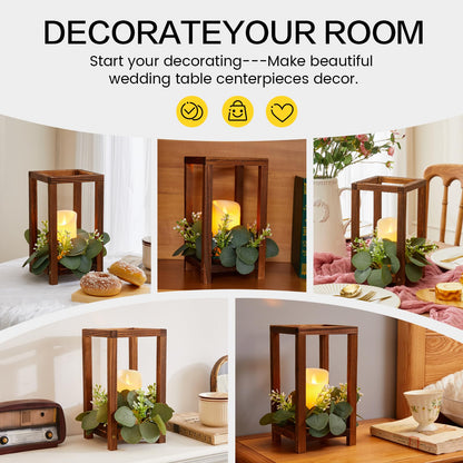 Neoflavie 6 Set/18 Pcs Wooden Wedding Lantern Centerpiece Include 6 Wooden Lantern Candle Holder 6 Flameless LED Candle 6 Eucalyptus Leaves Wreath for Centerpieces Wedding Table Party Farmhouse Decor
